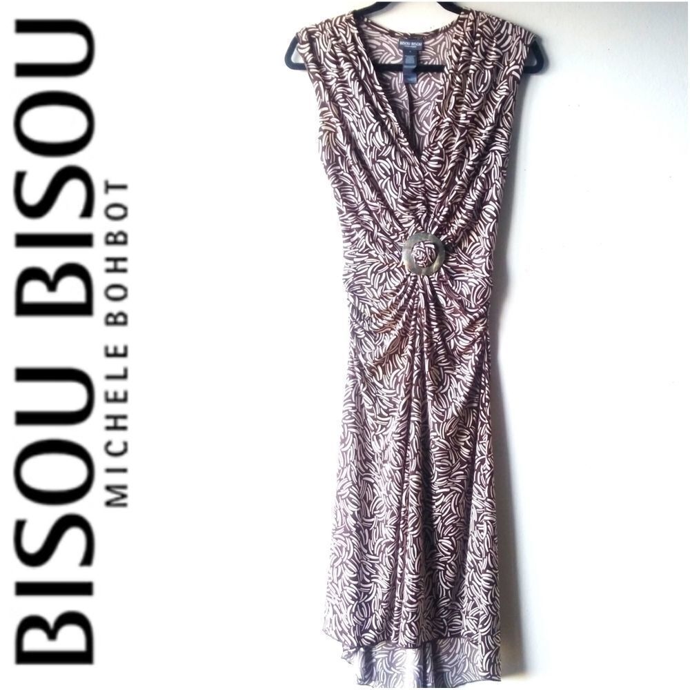 BISOU BISOU RUSCHED VNECK DRESS - BROWN & WHITE - Picture 1 of 5